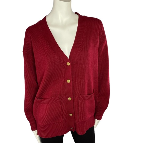 Vintage Oversized Slouchy Knit V Neck Cardigan Sweater Academia Burgandy Red - Picture 4 of 13